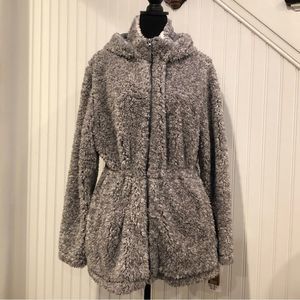 SANTA FE APPAREL Women’s Grey Full Zip 3/4 Length Hooded Sherpa Teddy Jacket XXL